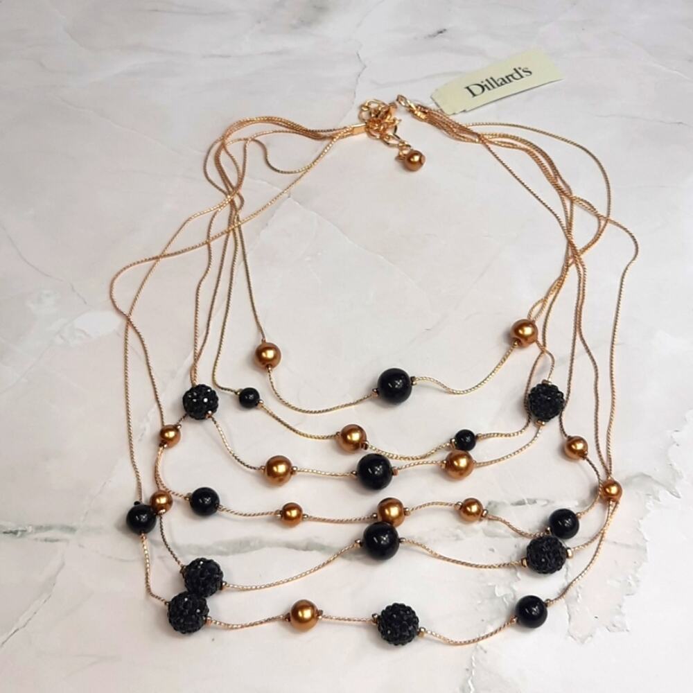 Dillard's Multi-layer Beaded Necklace Black & Gold